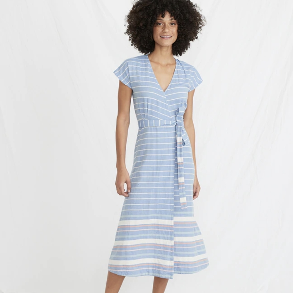 Marine Layer Maddie Wrap Dress in Blue/White Stripe Women's Size S